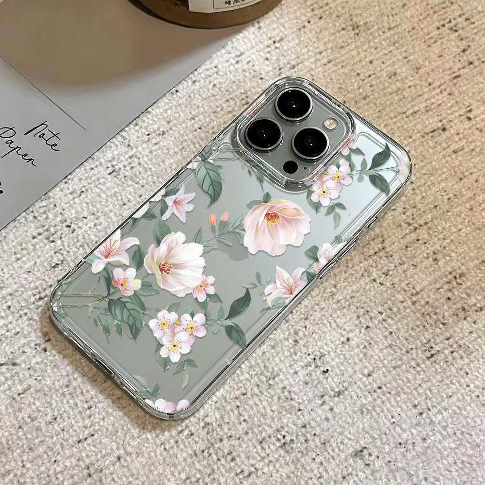 For Iphone 13 Pro Max Case Gentle Flowers Clear Cover For Iphone 15 Plus 16 14 17 Air 12 11 Back Cover Funda