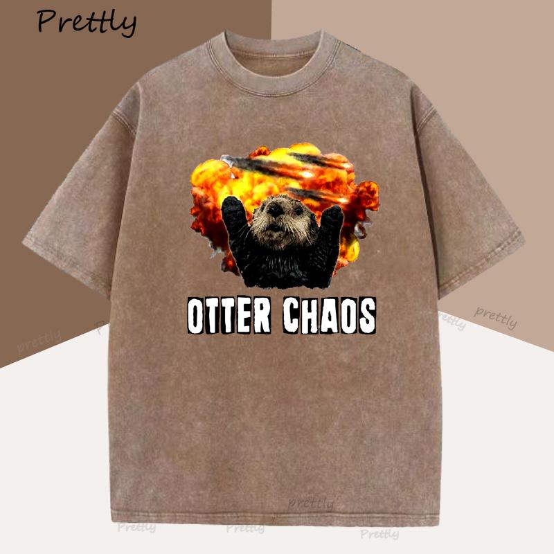 Otter Chaos T Shirt Woman Cute Funny Sea Otter Graphic T Shirts Unisex Vintage Cotton Short Sleeve Tshirt Loose Oversized Tops S