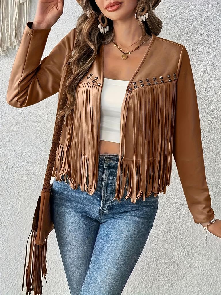 New Fringed Jacket with Faux Fur and Tassel Decoration, No Button Short Sleeve Women's Long Sleeve Cardigan Jacket