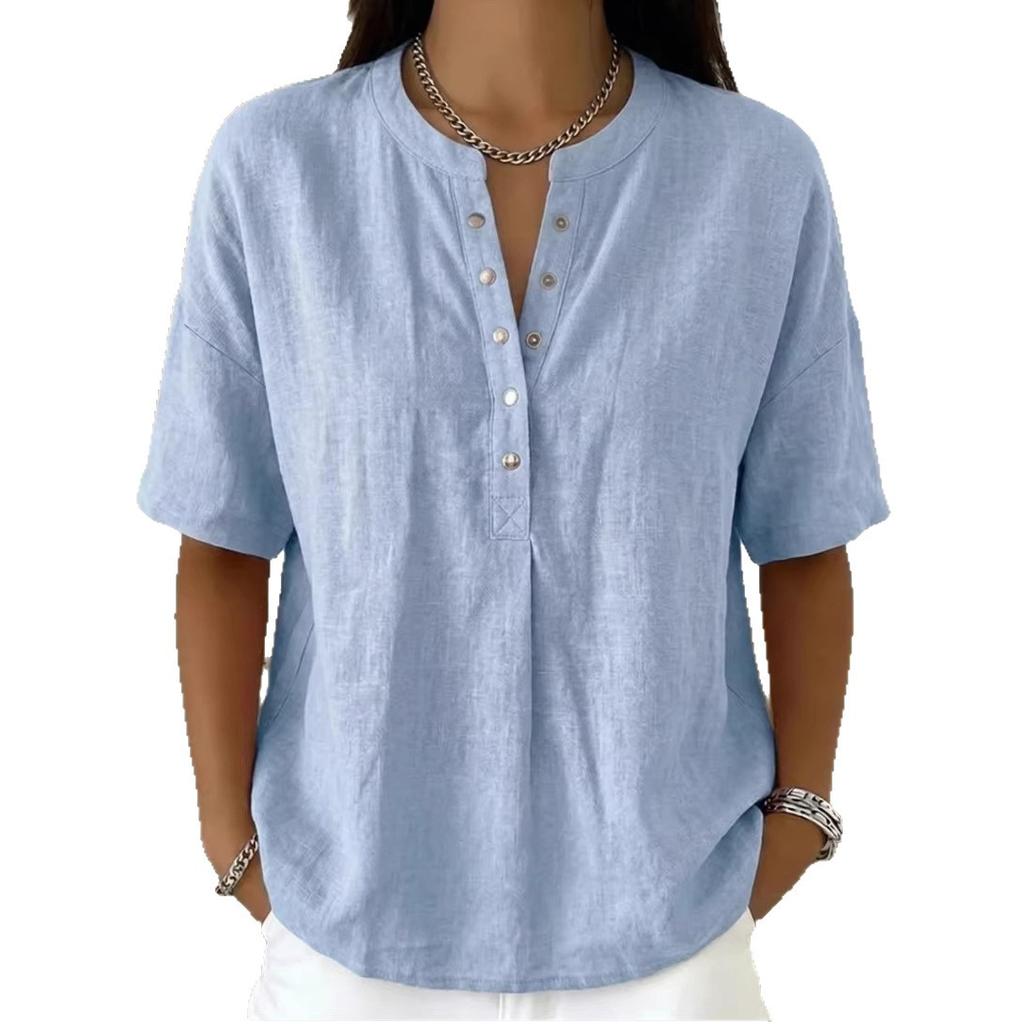 Pink V-Neck Short Sleeve Loose Fit Blouse with Buttons