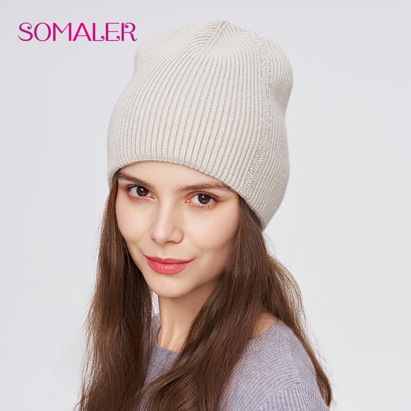 SOMALER Damen Winter Wollmütze Hochwertige Wolle Strickmütze mit Strass Dick Warm Doppellagig Outdoor Skull Caps