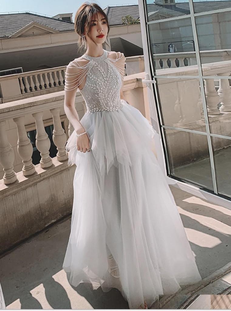 EightSTAR Kleid Party Braut Rezital Erwachsener Langes Tüll-Spitzen-Abendkleid für Klavierrezitale Größe - Kleid, After-Party-Kleid, Kleid, A-Linie (Grau, XL)