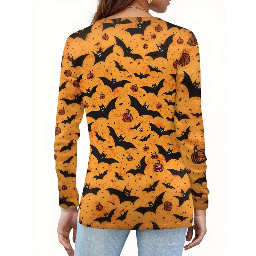 Damesmode Casual Split Zoom Ronde Hals Lange Mouw Los Halloween Bedrukt T-shirt Dames Top
