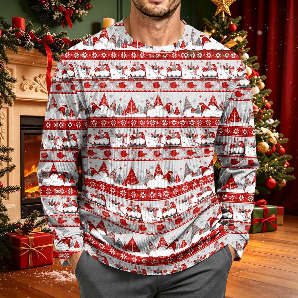 Men's Corduroy Long Sleeve Crewneck Top with Christmas Print for Holiday Casual Wear