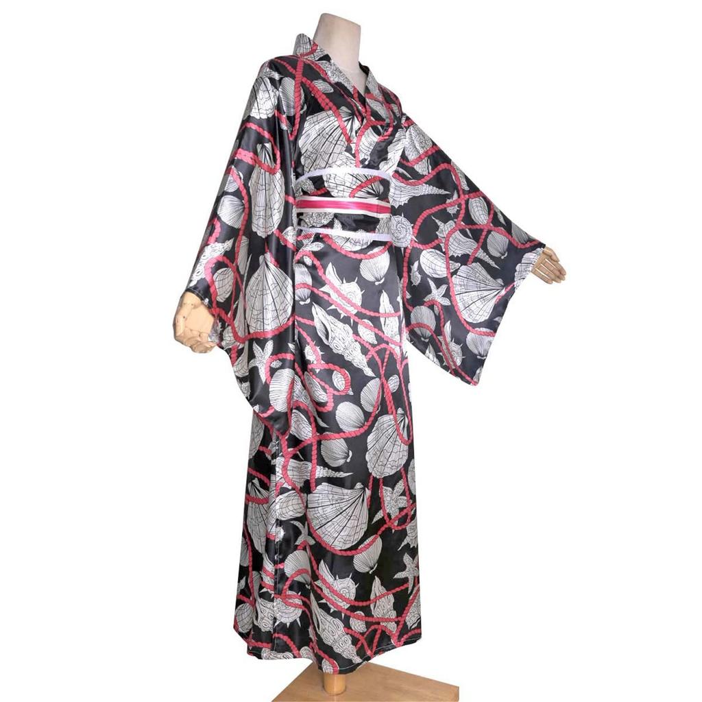 LanBuff Yukata Kimono Long Satin Fabric Pajamas Yukata Japanese Yukata Long Nightgown Women's Robe, Open-Front Loungewear, V-Neck Bathrobe, Pattern,