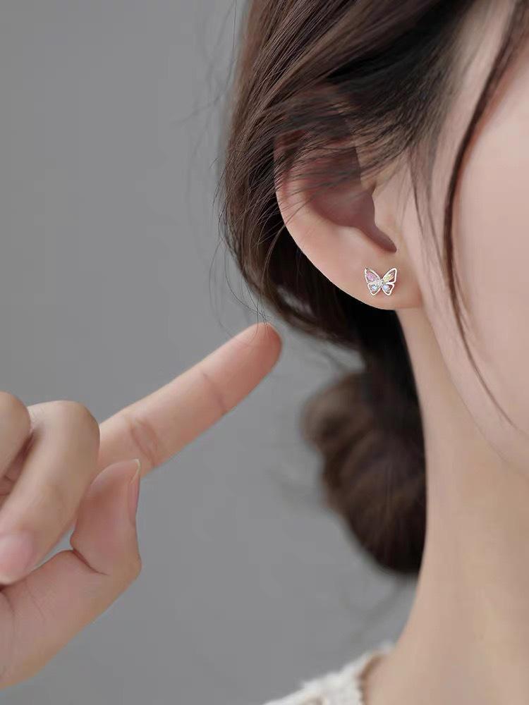 Beixi S925 Silver Butterfly Stud Earrings for Women - 2023 Thin Light Luxury Niche Design. S925 Silver