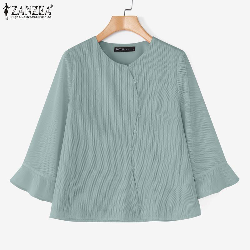 ZANZEA Women Casual Round Neck Solid Color Loose 3/4 Sleeve Blouse