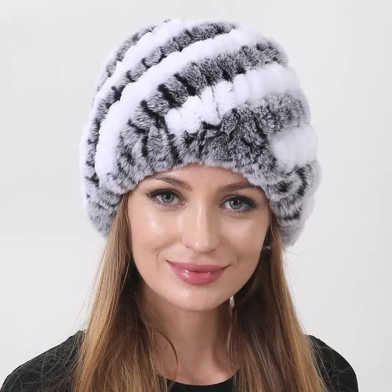 Women's Knitted Rabbit Fur Winter Hat Rex Fur Striped Pineapple Beanie, Soft Fluffy Elastic Cap, Warm Thick Fuzzy Trapper