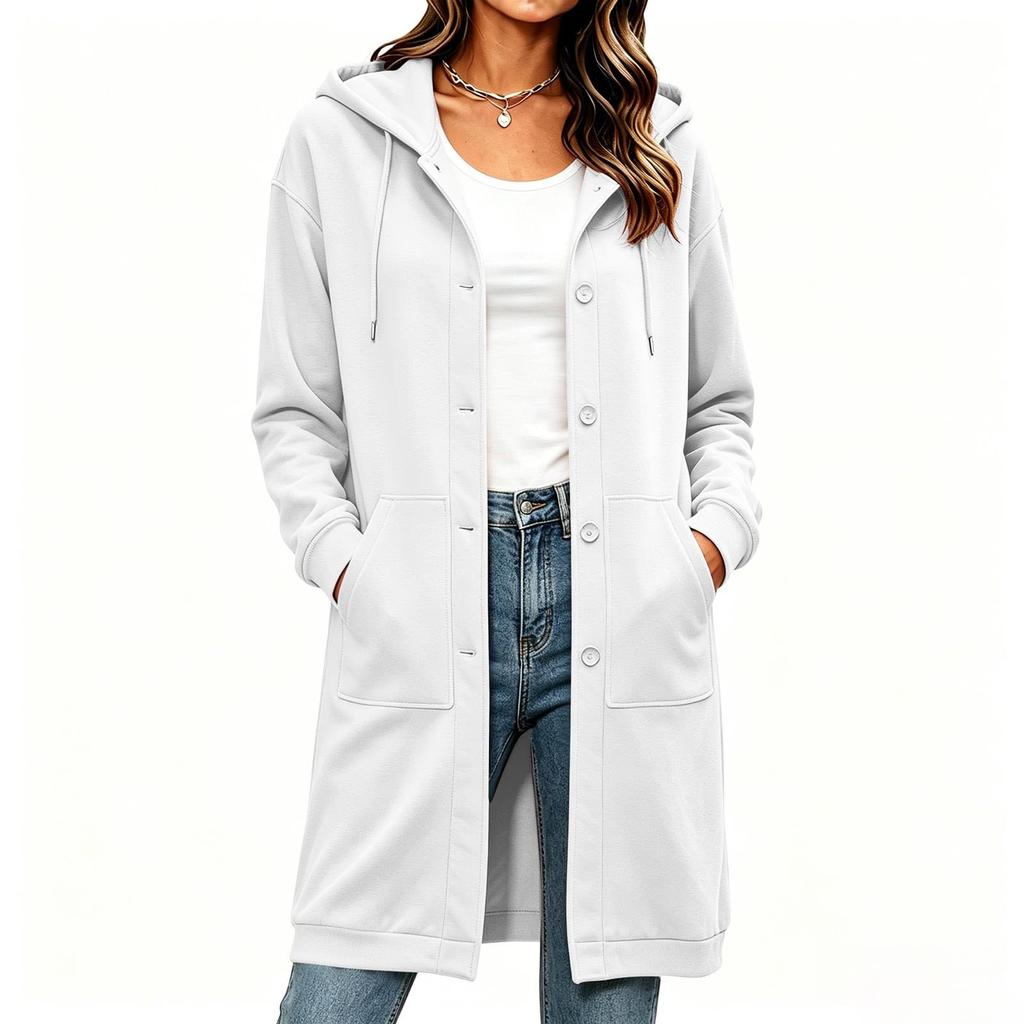 Women's Color Long Sleeve Hoodie Sweatshirt with Buttons and Drawstring - Loose Fit Mid-Length