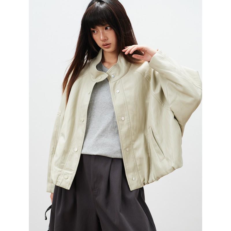 Womens Short PU Leather Jacket 2026 Casual Moto Style Stand Collar Workwear Chic Outerwear