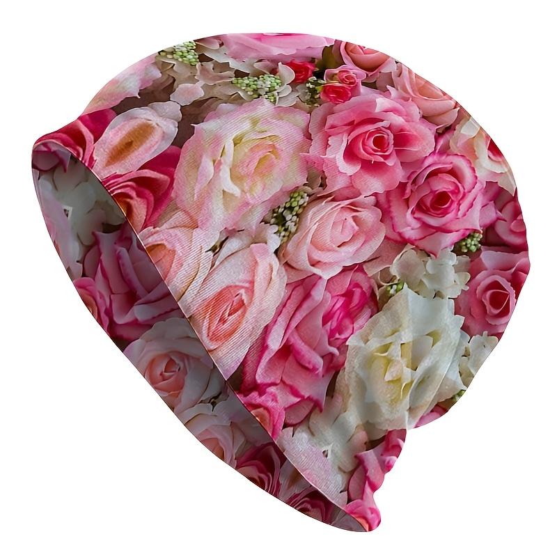 A Casual Style Floral-Themed Knitted Hat - Featuring a Romantic Pink And White Rose Pattern, Made from Durable Knitted Fabric, Comfortable And Stretch