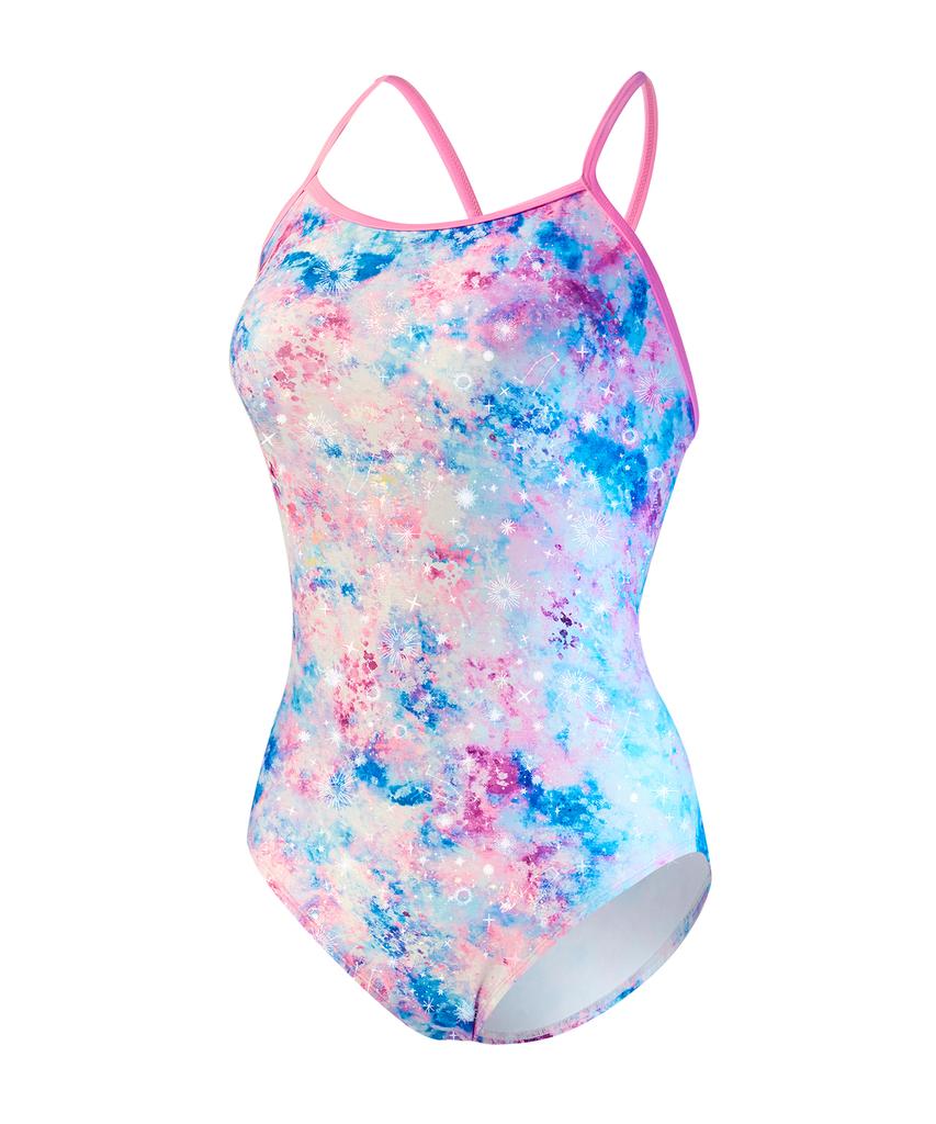 Laelliseupocheu [Rsla417 Mlt] Perfume Foil Double Strap X-Back Swimsuit Multi