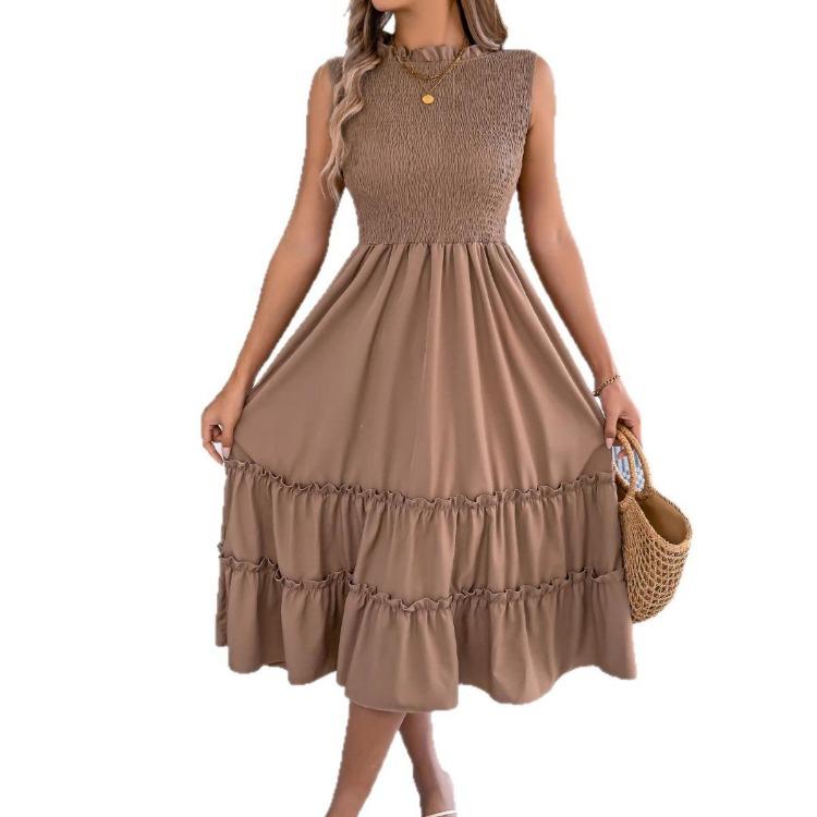 Spring Summer Women Sleeveless Smocked Waist Flowy Maxi Long Dress with Ruffle Trim Casual for European American Crossborder