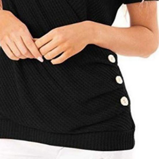 Women Tops Short Sleeve V-Neck Pleated Hem Tee Shirt Solid Color Draped