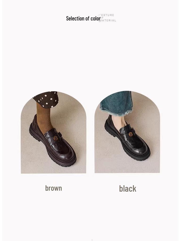 Retro Black Camellia Loafers: Pleated Leather, Thick Sole, Slip-on British Style