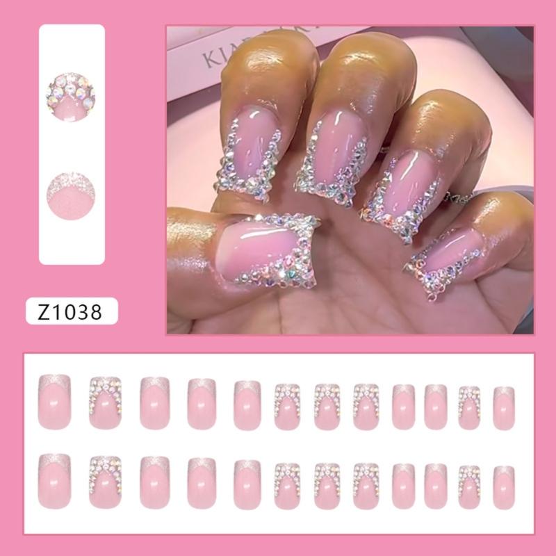 24 Stück Französische Spitze Press-On Nägel Strasssteine Falsche Nägel Quadratisch Acryl Nägel Elegant Vollabdeckung Aufkleber Nägel für Frau