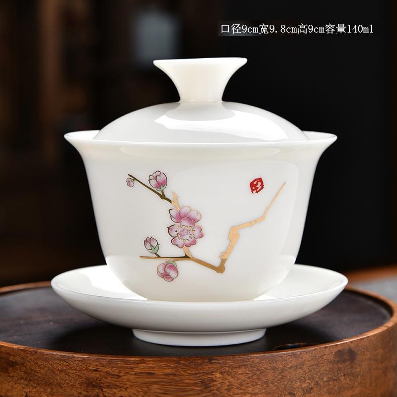 High Quality White Porcelain Gaiwan Gold Painted Cover Bowl Ceramic Tea Cup With Lid and Saucer Ceramic Kung Fu Tea Set Gai Wan