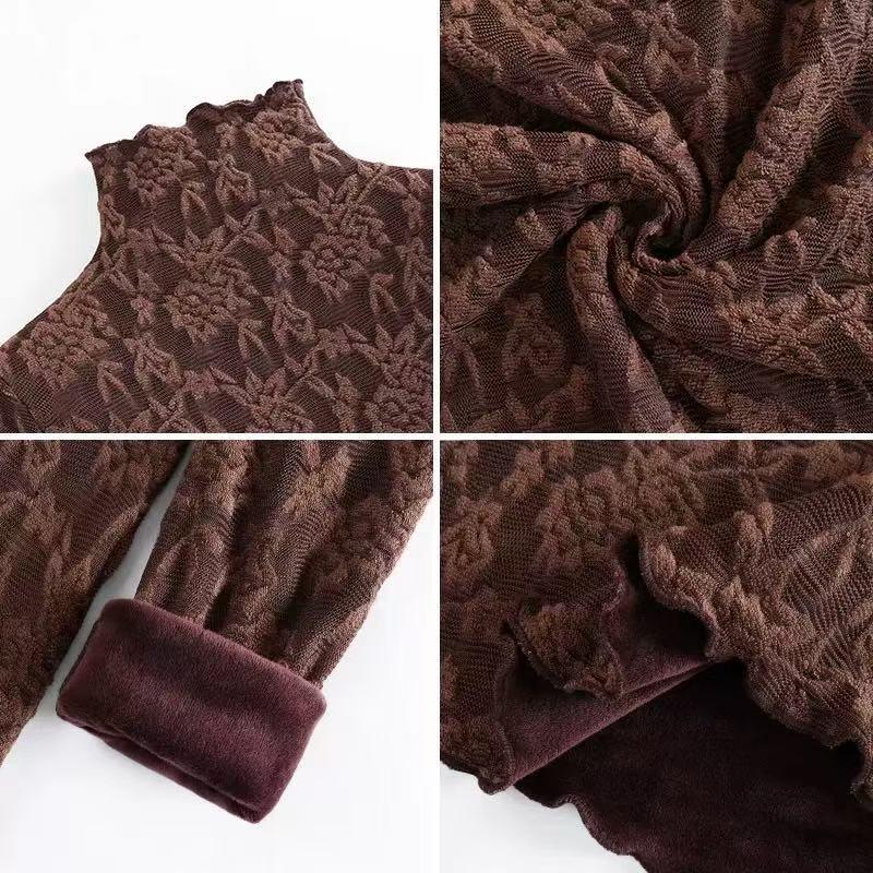 Women's High-Neck Lace Jacquard Base Layer Top - Fleece or Thin-Lined for Autumn & Winter Warmth.