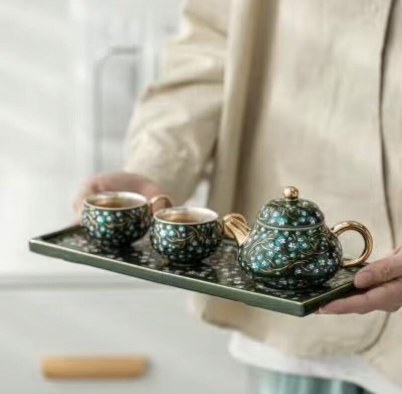 Emerald Green Gilt Silver Travel Gongfu Tea Set