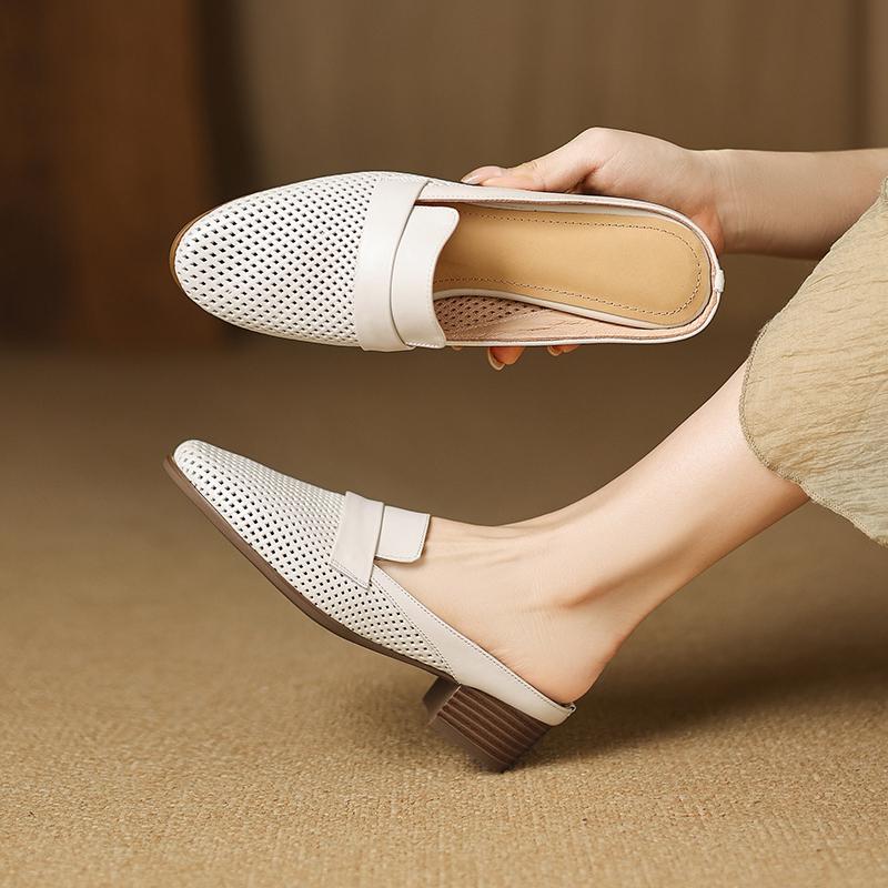 Fashion Women's New Summer Genuine Leather Sheepskin Breathable Hole Round Head, Mid Heel, Large Toe, M Ü Ller Slippers