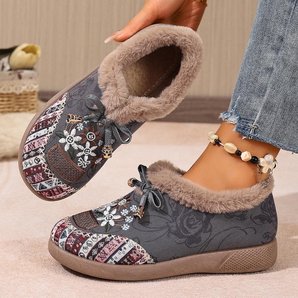Women's Embroidered Fashion Lightweight Height-enhancing Soft Sole Winter Warm Fur One Snow Boots Velvet Lined Non-slip Casual Sports Cotton Boots