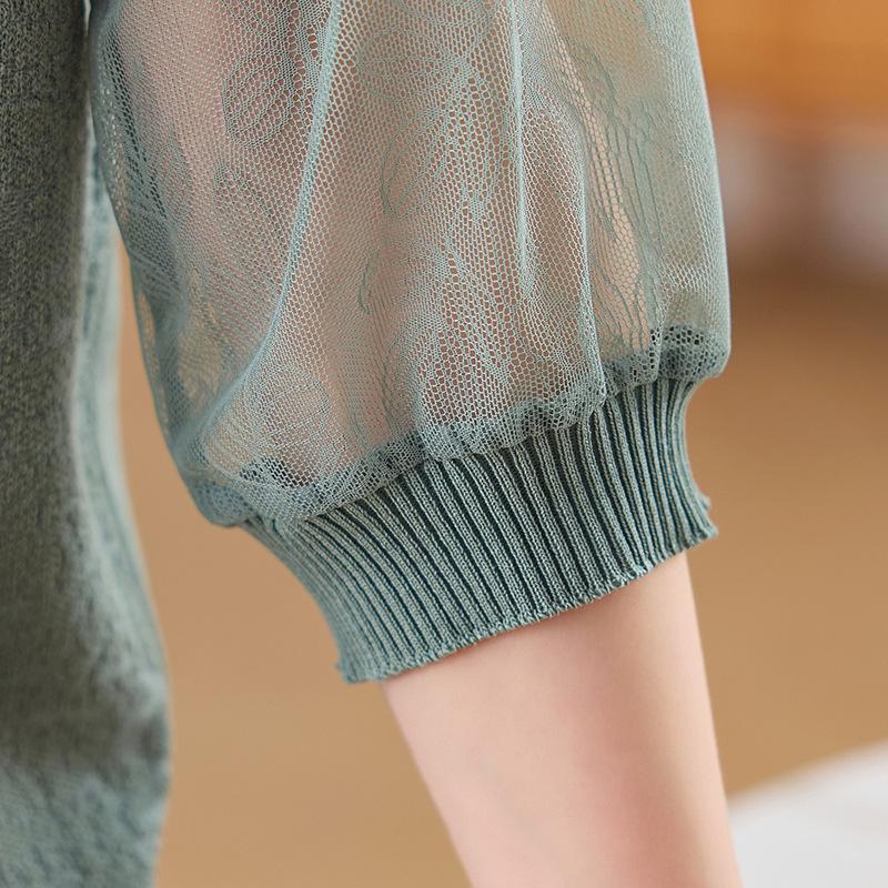 Chic Spring Gauze Sleeve Top for Middle-Aged Women - Stylish Seven-Sleeve T-Shirt