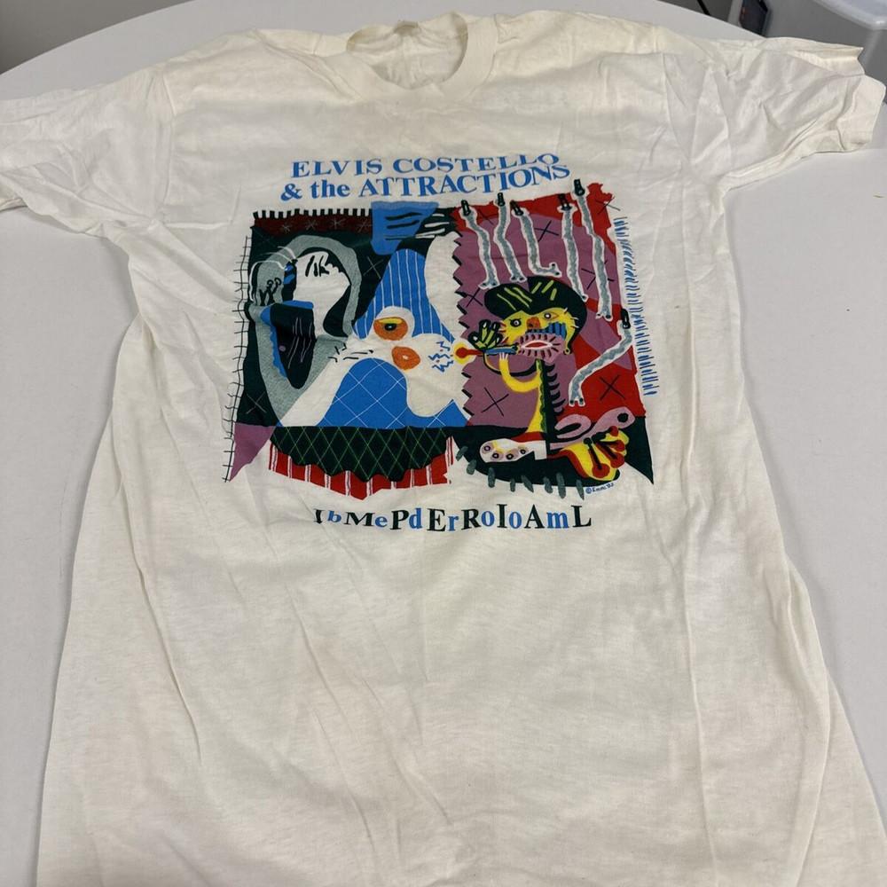 Vtg ELVIS COSTELLO 1982 Tour Cotton White Full Size T Shirt For Men SE250 Unisex T-Shirt L