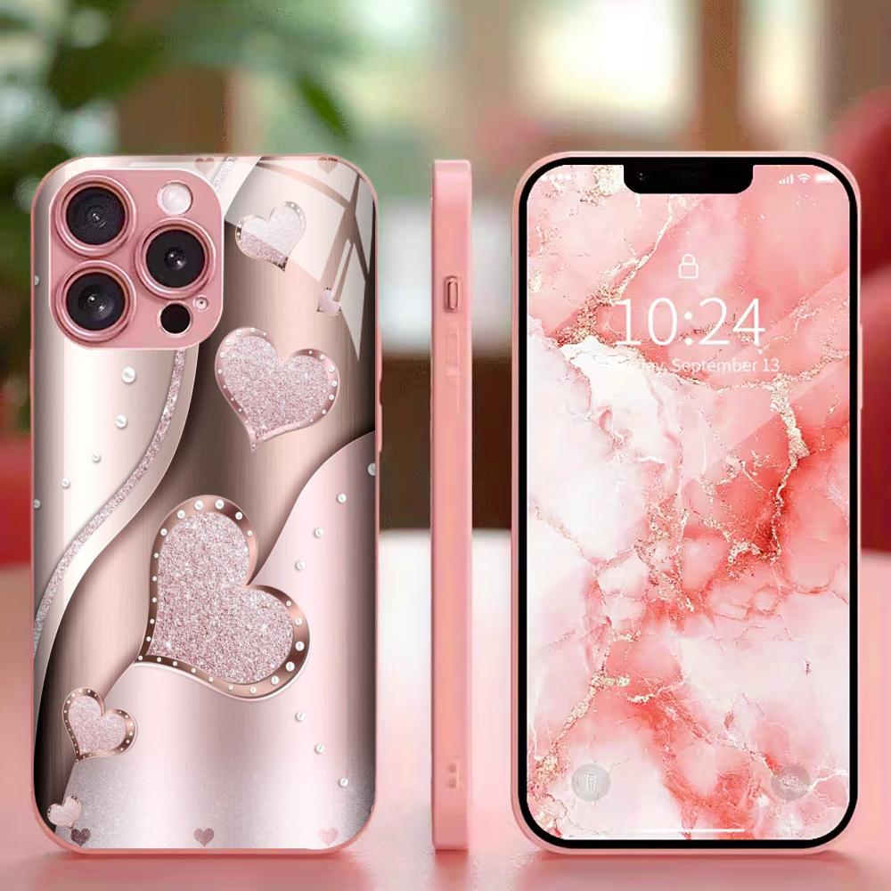 Pink heart to heart Phone Case High-end Phone Case Electroplated Glass TPU PhoneCase for iPhone 17 16 15 14 13 12 11pm Pro Plus
