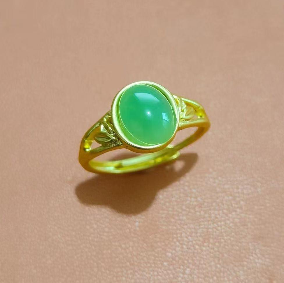 Yi Lu Yin Adjustable S925 Sterling Silver Gold-Plated Bamboo Leaf Hetian Jade Ring - Retro Style for Women