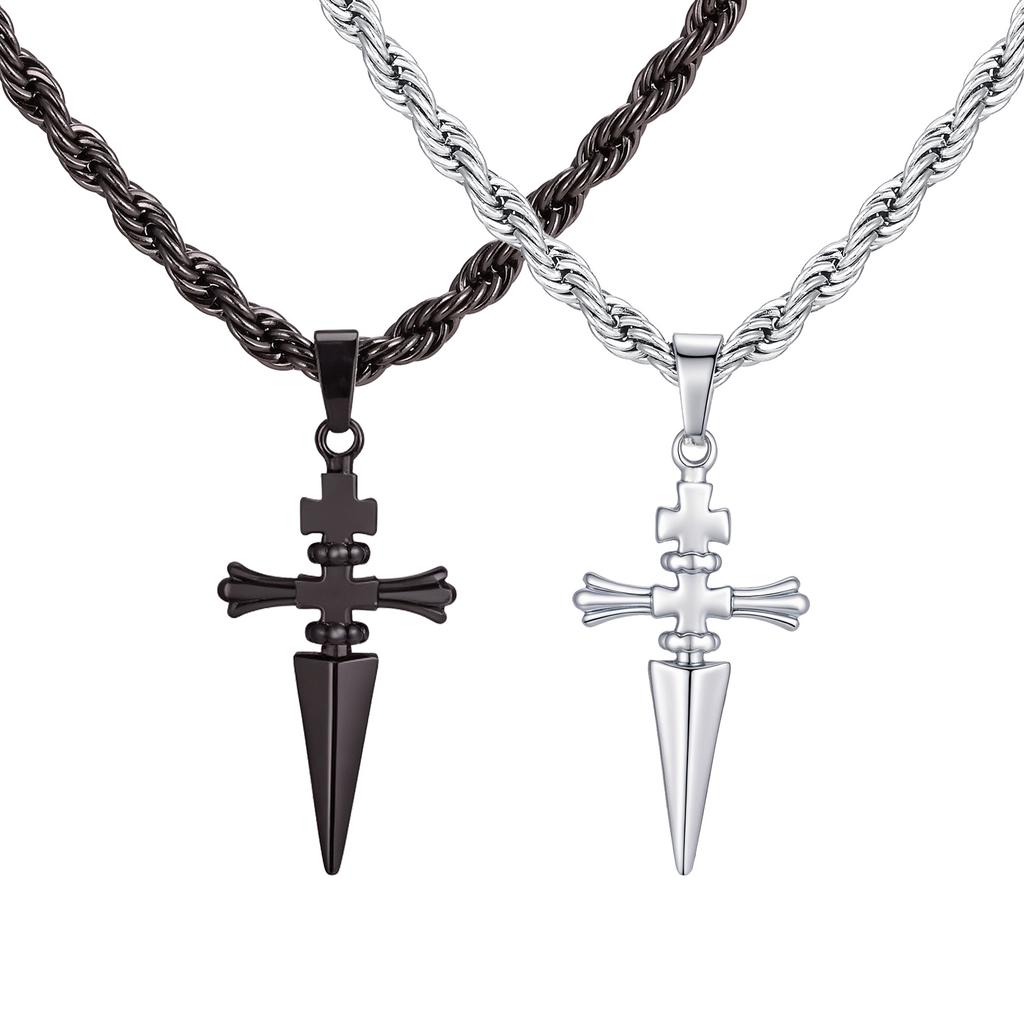 Cool Punk Sword Cross Pendant Necklace for Men Stainless Steel Twist Chain Necklace Fashion Casual Style Jewelry