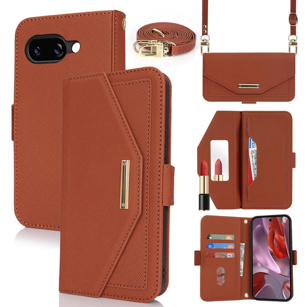 For Google Pixel 9a Stand Case Cross Texture PU Leather Wallet Phone Cover with Shoulder Strap/Makeup Mirror