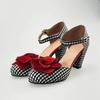 Red Camellia Plaid Hollow Sandals New European and American Style Round Head One-word Buckle with Thick Heel High Heel  Shoes