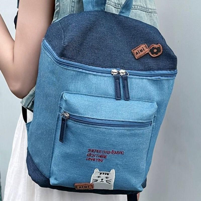 Japanese Simple Cat Embroidered Backpack Casual Large-capacity Travel Commuter Bag Niche Trendy 28x15x36 темно-синий