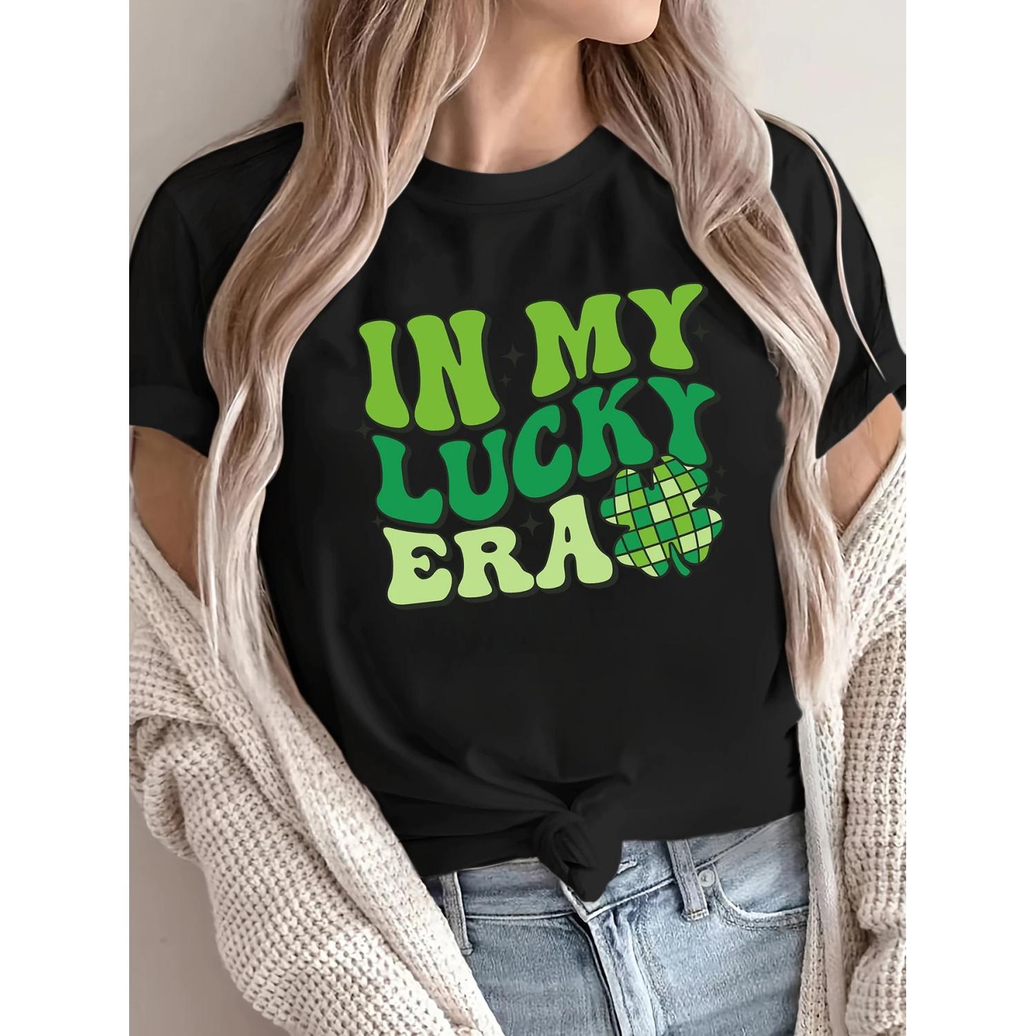 

In My Lucky Era Green Clover Print Tee Shirts Womens Comfortable Hip Hop T-Shirts Summer Casual T Shirt Soft Loose Clothes S чёрный