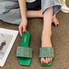 Glitter Slides Flat Shoes Female Woman's Slippers Low Square Toe Big Size Jelly  Summer Fabric Rome Rubber Crystal Sequined