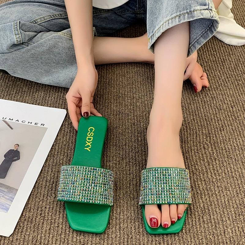 Glitter Slides Flat Shoes Female Woman's Slippers Low Square Toe Big Size Jelly Summer Fabric Rome Rubber Crystal Sequined