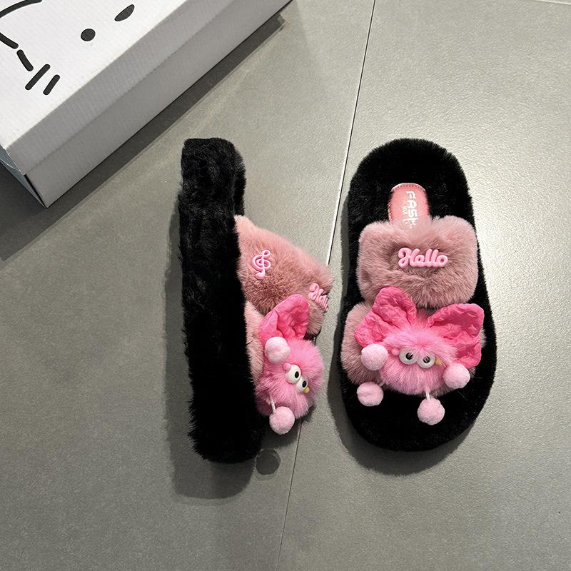 Cartoon casual fluffy slippers women's autumn and winter home home non-slip cotton slippers thick sole heightening pregnant women warm cotton shoes