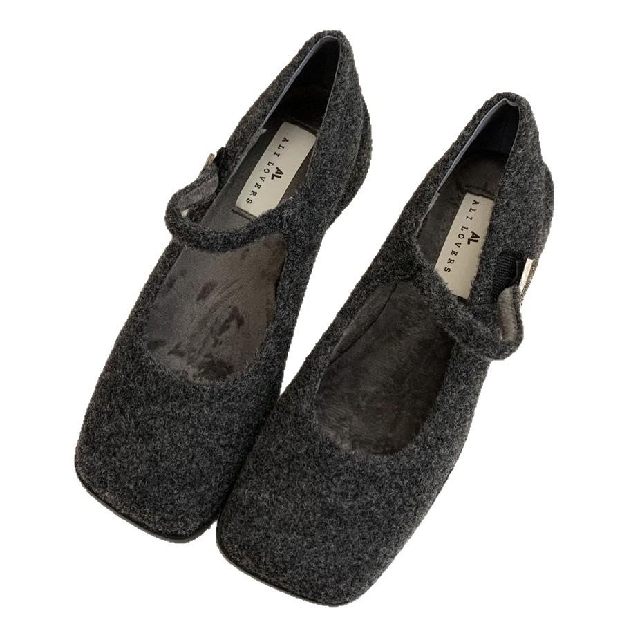 Gray Mary Jane fluffy shoes women's winter wear new French retro woolen thick heel single shoes women's velvet high heels