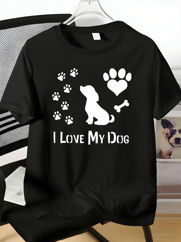 Unisex Crew Neck Tee I Love My Dog Paw Heart Bone Print Soft Blue Loose Summer Street Top For Dog Pet Lovers Daily Casual Outfit