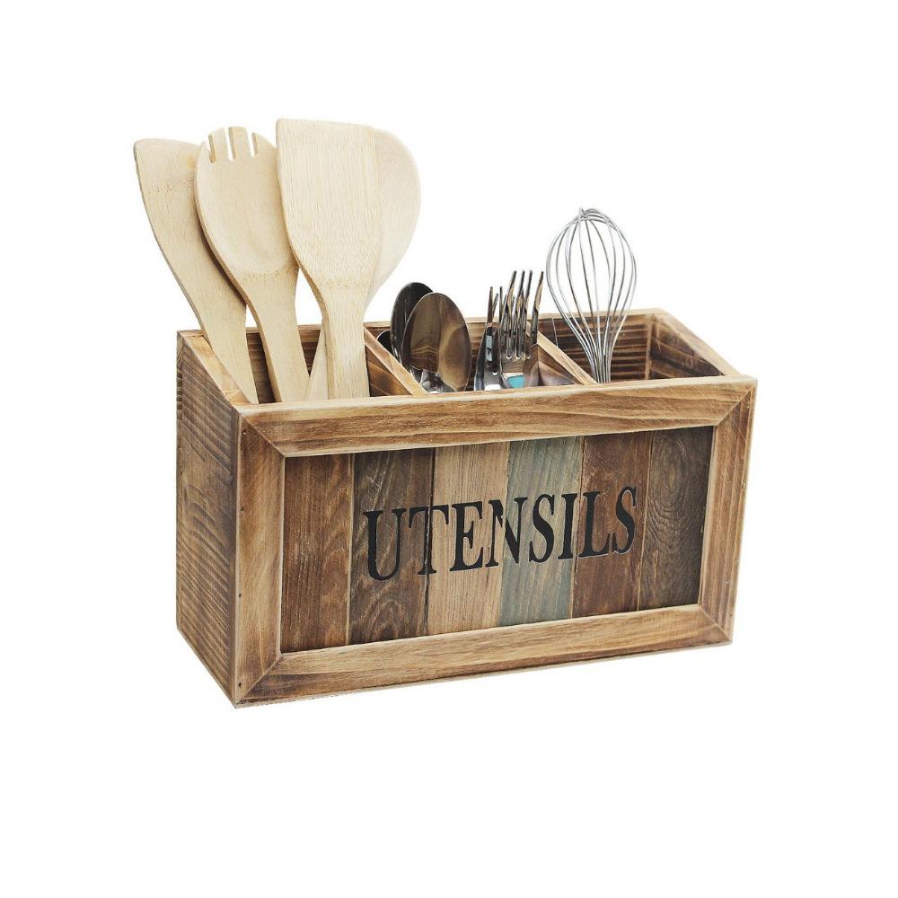 3 Grids Tableware Storage Box Vintage with Divider Solid Wood Storage Box Large Capacity Chopstick Fork Spoon Organizer