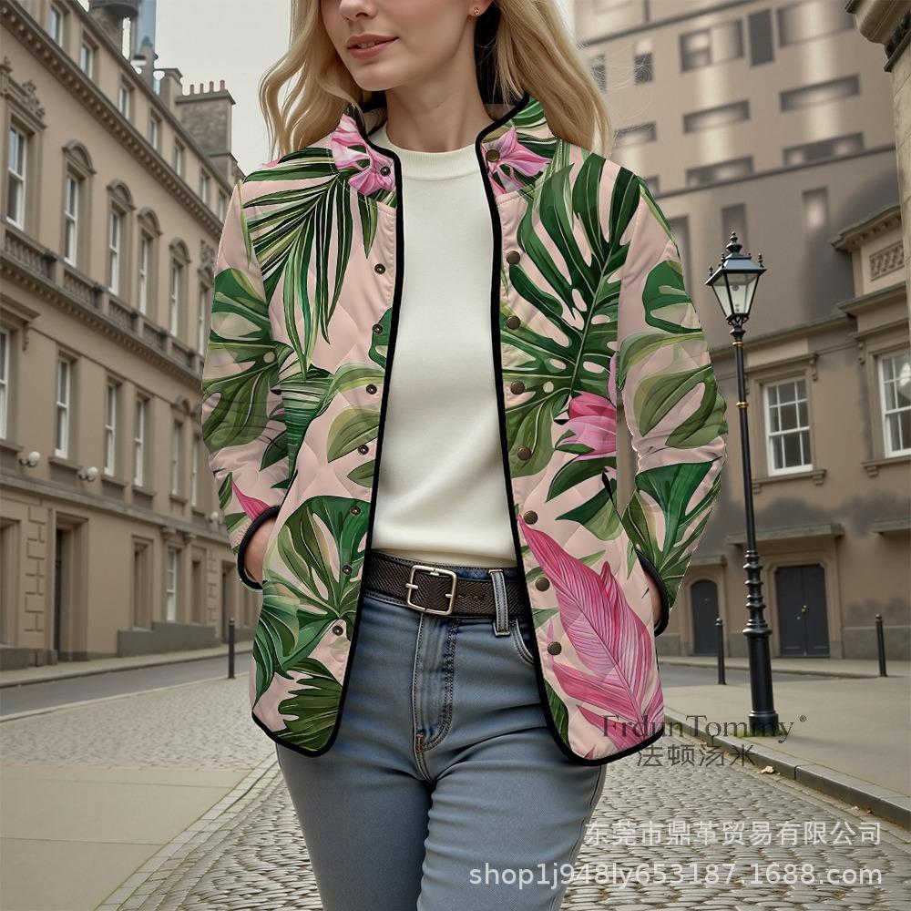 Women's Tropical Leaf Print Quilted Jacket Stand Collar Button Down Contrast Trim Casual Coat