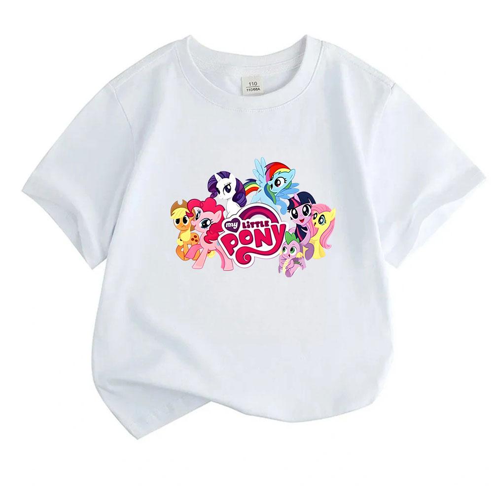 Cute Cartoon Magic Little Horse Print Boys Girls 100% Cotton T-shirt Casual O-neck Short Sleeve Tees Top for Kids Summer Soft Breathable Comfortable D