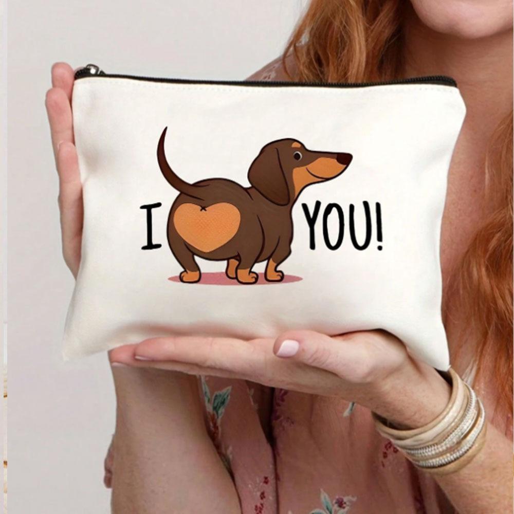 Funny Dachshund Butt Makeup Bag - Cute Brown Puppy with "I YOU!" Heart, Mini Zip-Free Purse for Women, S, Teachers