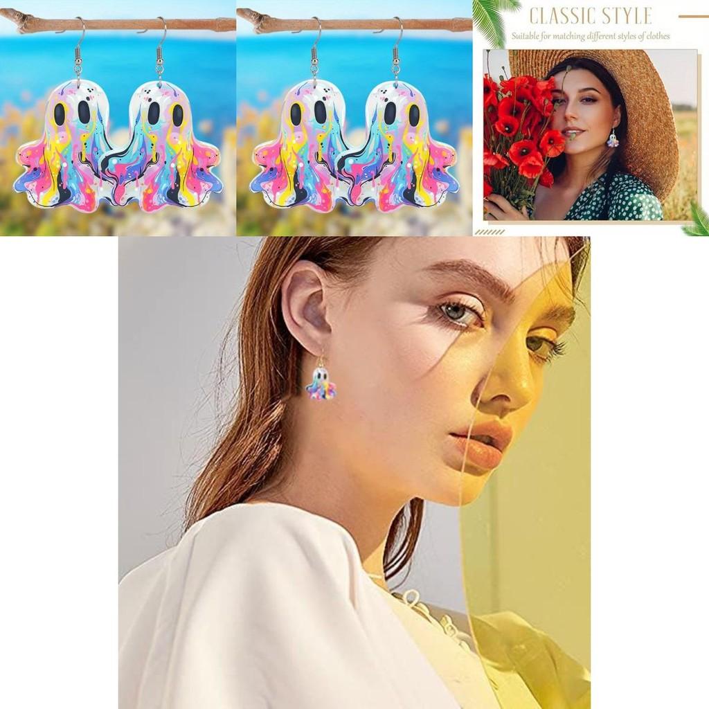 Adorable Colorful Ghost Earrings Made Of Acrylic Fun Cartoon Style Halloween Accessories