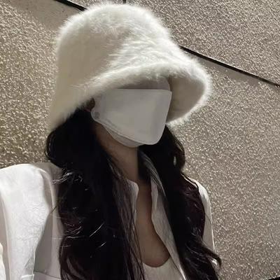 Rabbit Fur Bucket Hat Women's Autumn and Winter Plush Hat Big Head Circumference Showing Small Face Warm Hairy Hat Bucket Hat
