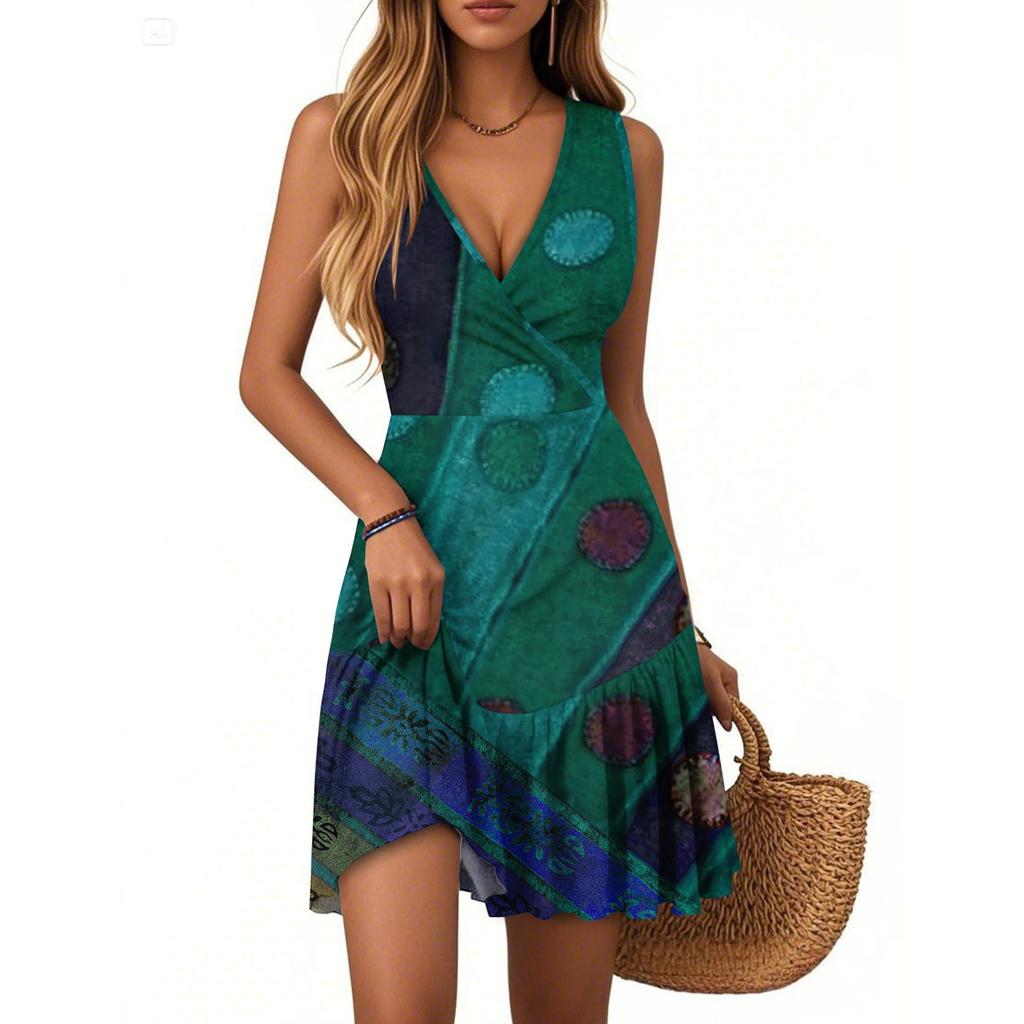 Women's Summer Dress V Neck Sleeveless Casual Textured Print Hem Pleated Dress