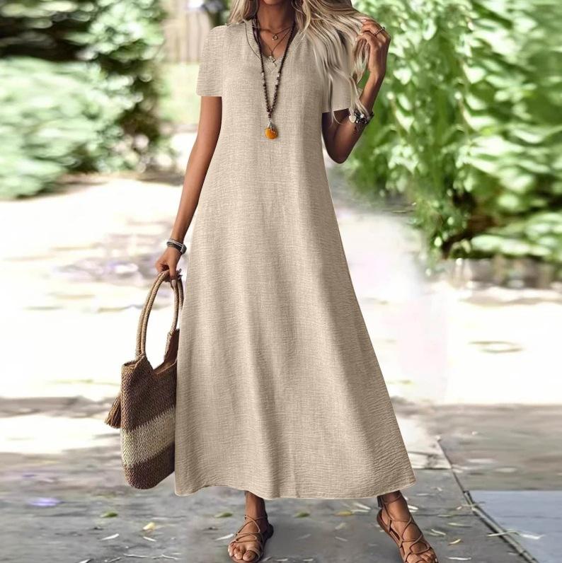 Abito Maxi da Donna con Scollo a V e Maniche Corte alla Caviglia in 12 Colori, Vestibilità Casual Ampia con Borsa a Tracolla