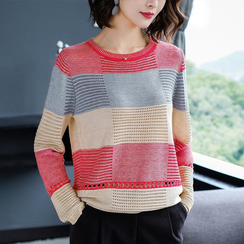 Pullover Women's Spring and Autumn Korean Version of The Color Matching Loose Striped Long-sleeved Bottoming Shirt Sweater Hollow Thin Blouse