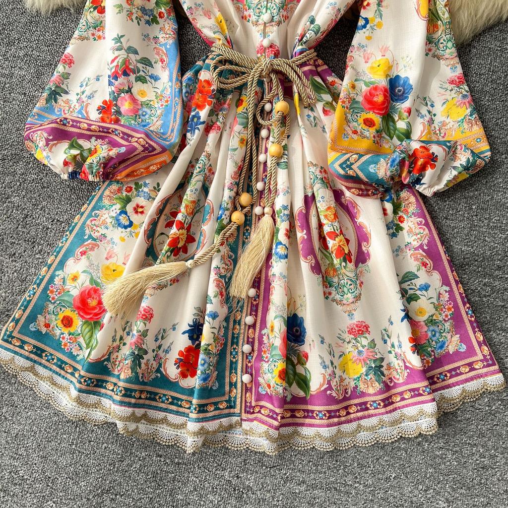 French court high-end printed bubble sleeve dress women's V-neck strap waist temperament A-word ruffle skirt