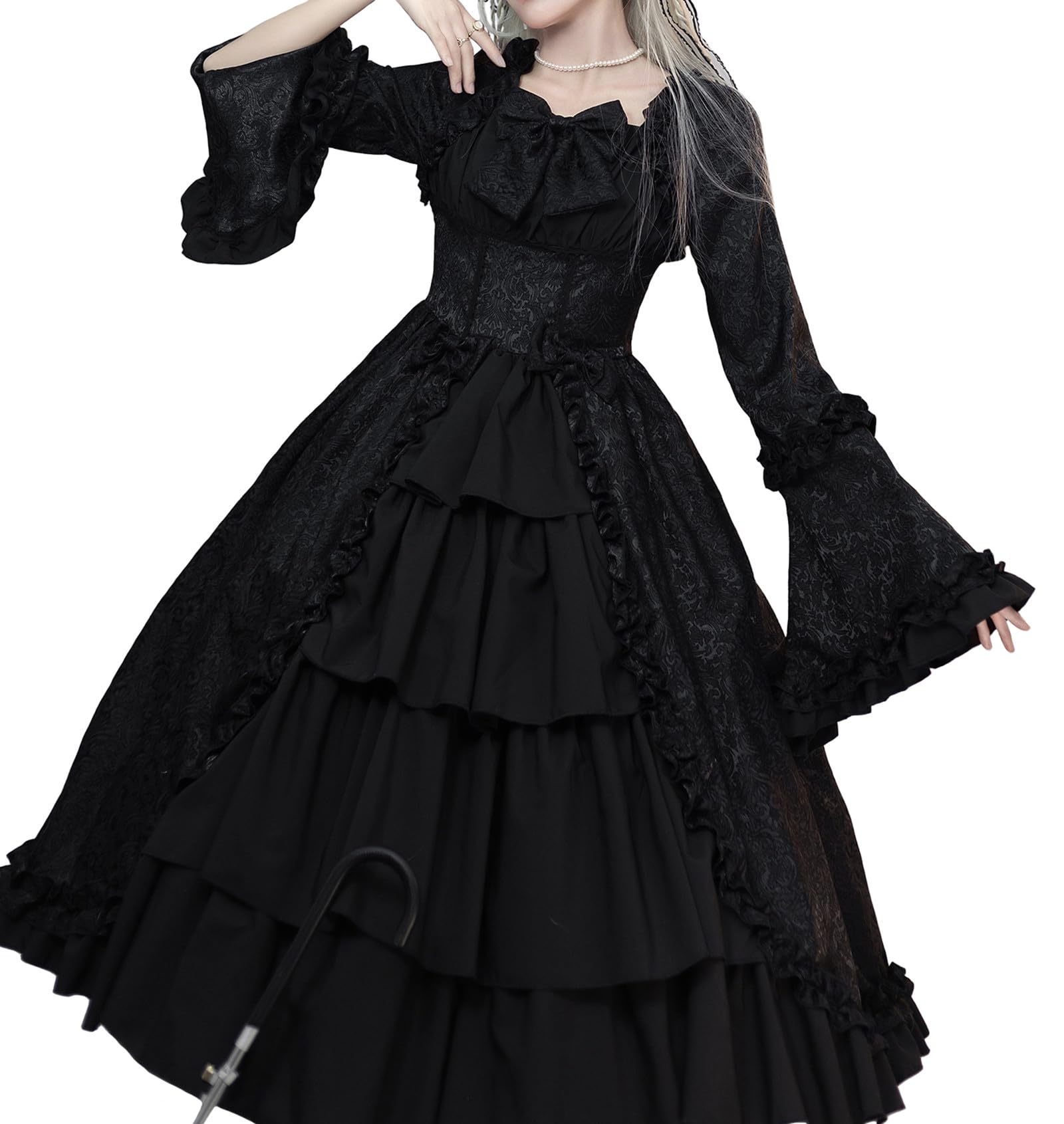 [Sivrusn] Gotisches Lolita-Kleid, Lolita Cosplay, Gothic Sweet Lolita-Kleid, Prinzessin, Junge Dame, Elegant, Glockenärmel, Spitze, Rüschen, Schwarz, Größe L
